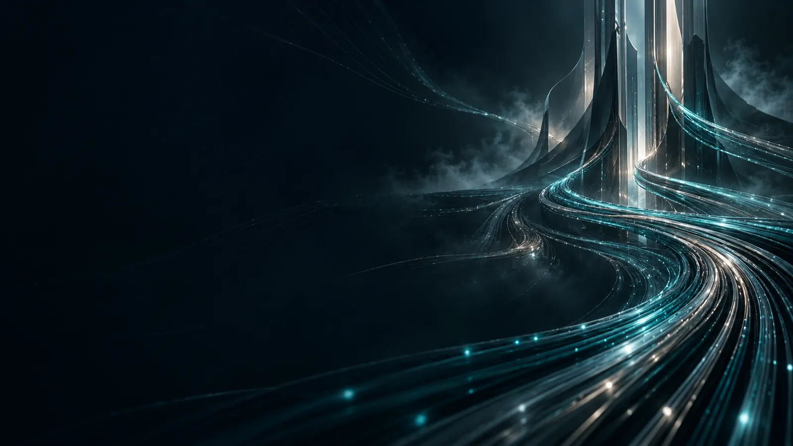 Conceptual aqua optical fibres flowing through a dark architectural space
